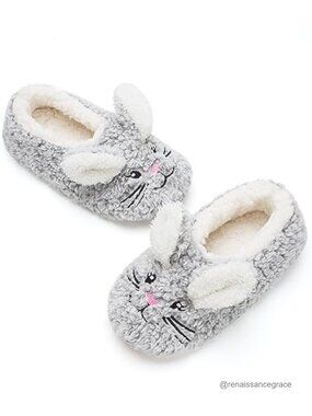 Fuzzy Plush Animal Slippers with Non Slip Sole and Bunny Details